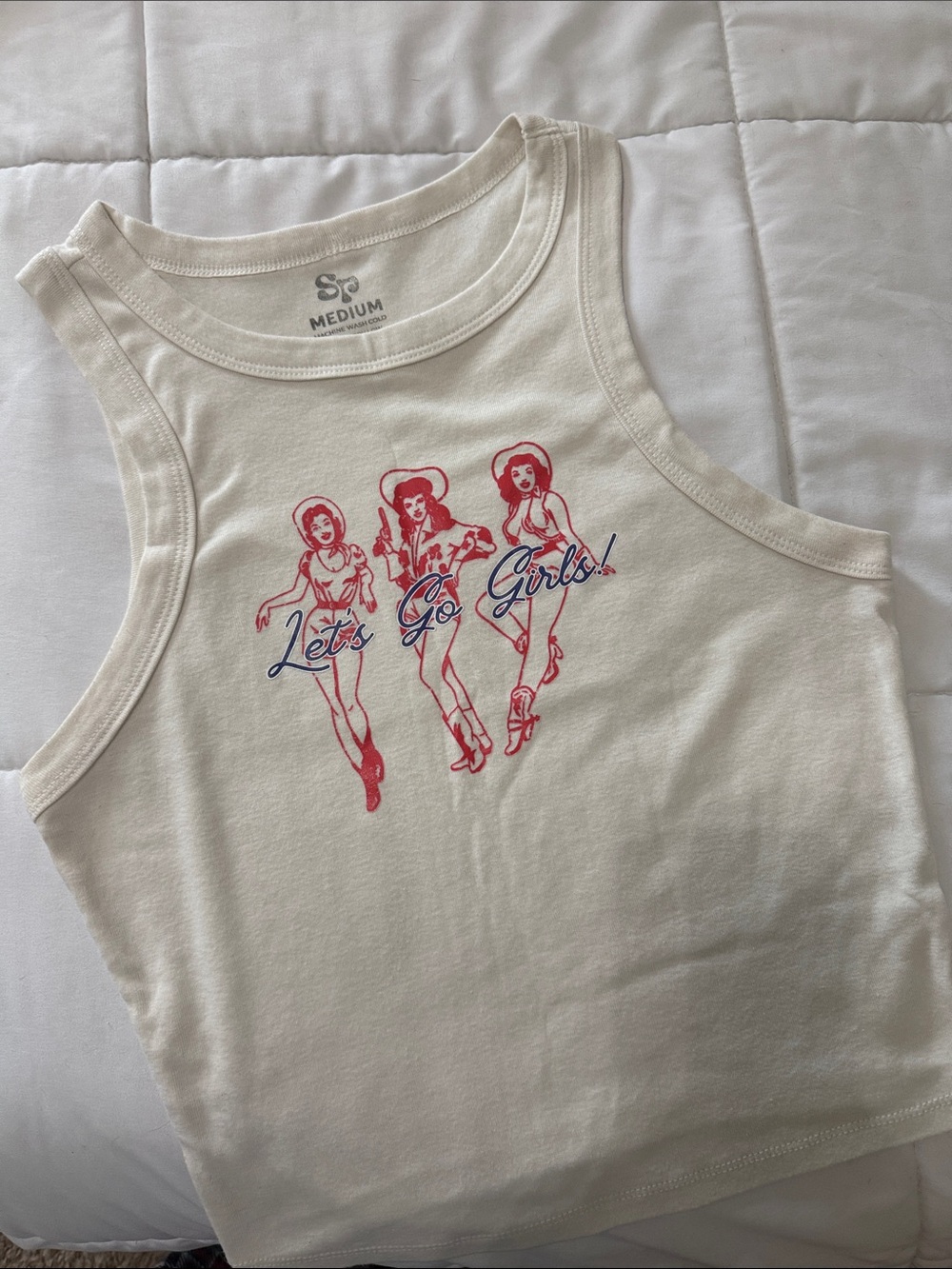 Graphic Ivory Tank Top with 'Let's Go Girls' Print